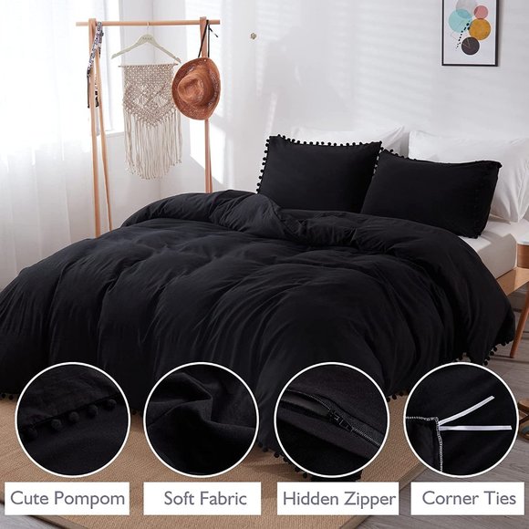 UO 3 Pieces Queen Black Pom Pom Fringe Duvet Cover - Picture 2 of 8